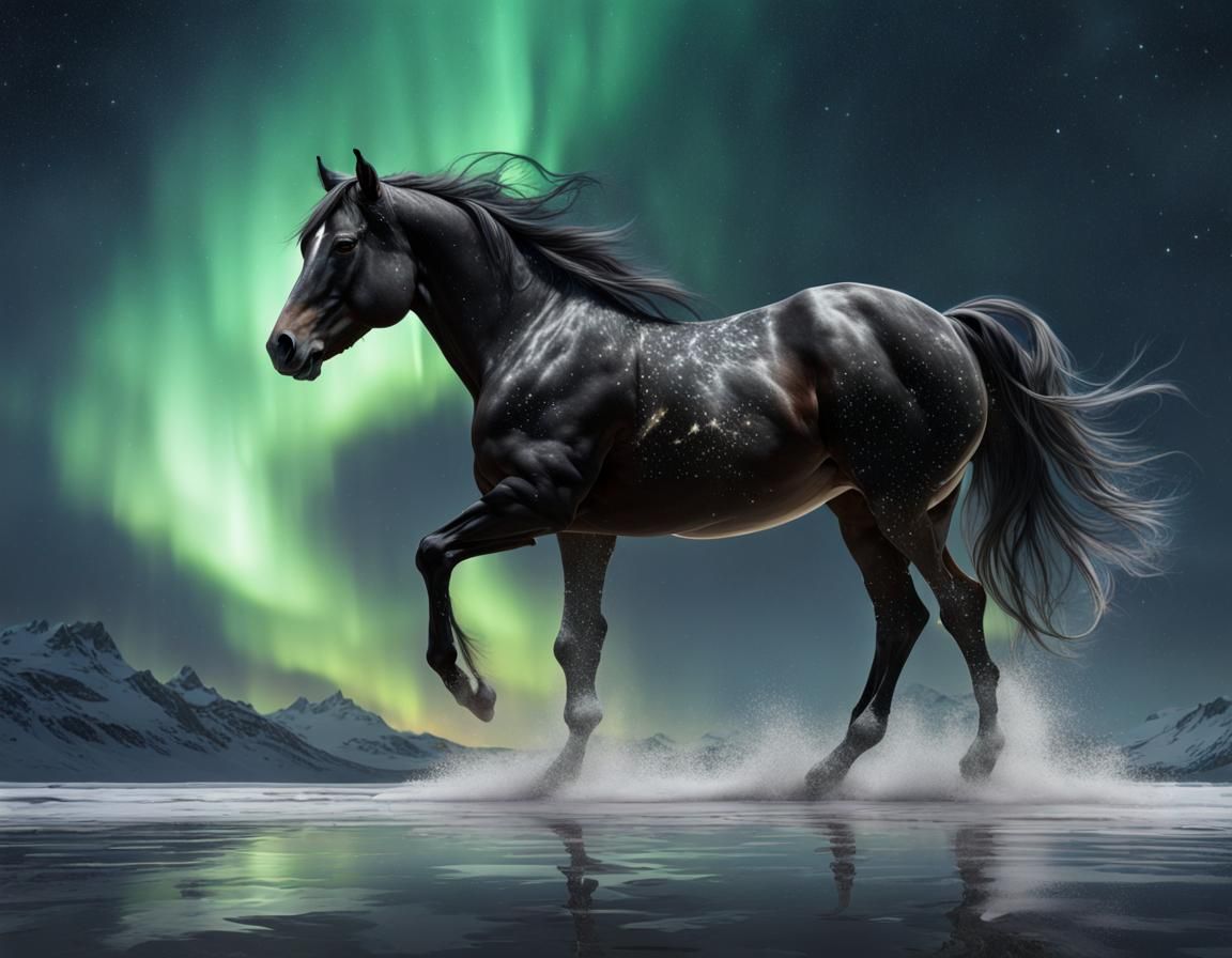 Majestic Black Horse Running Wild Under Northern Lights