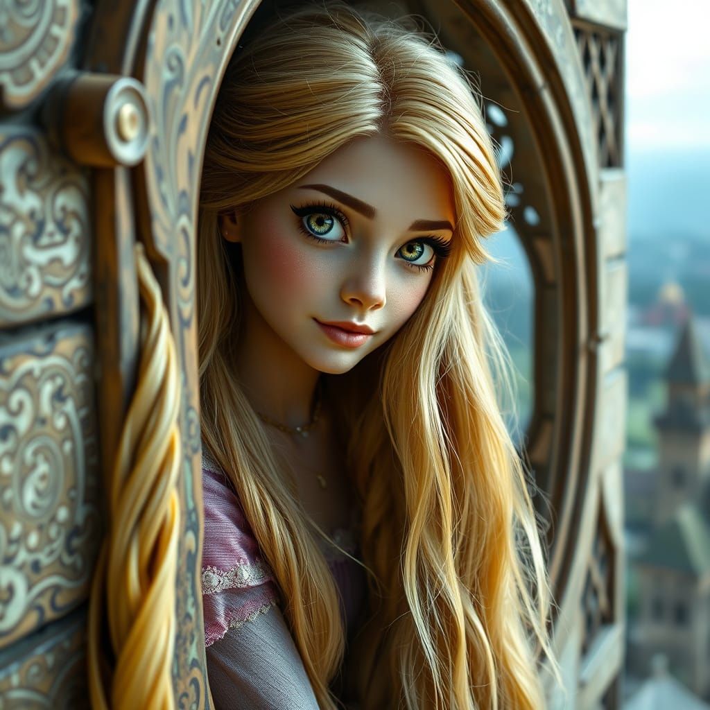Hyperrealistic Rapunzel with Luminous Skin and Tower Window