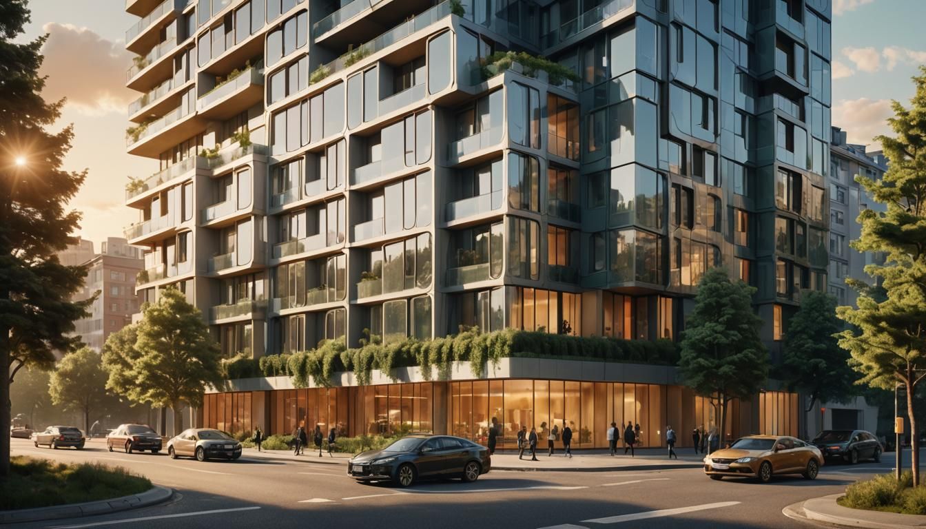 Futuristic Apartment Building at Sunset: Hyperrealistic Digi...