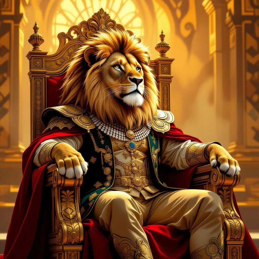 Art Deco. Medium shot. A regal lion sits on a throne of gold...