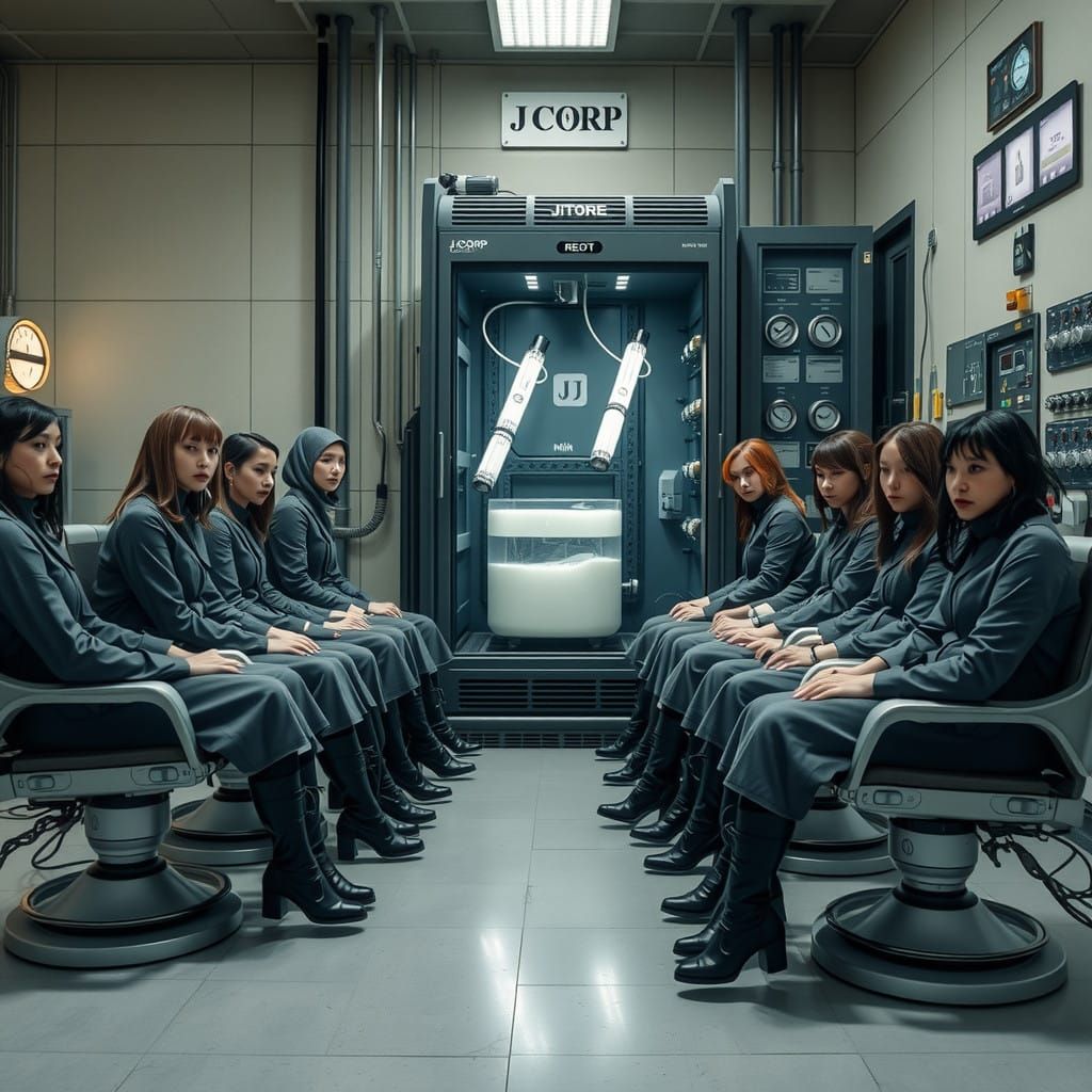 Eight Futuristic Maid Figures in a Dystopian Lab Setting