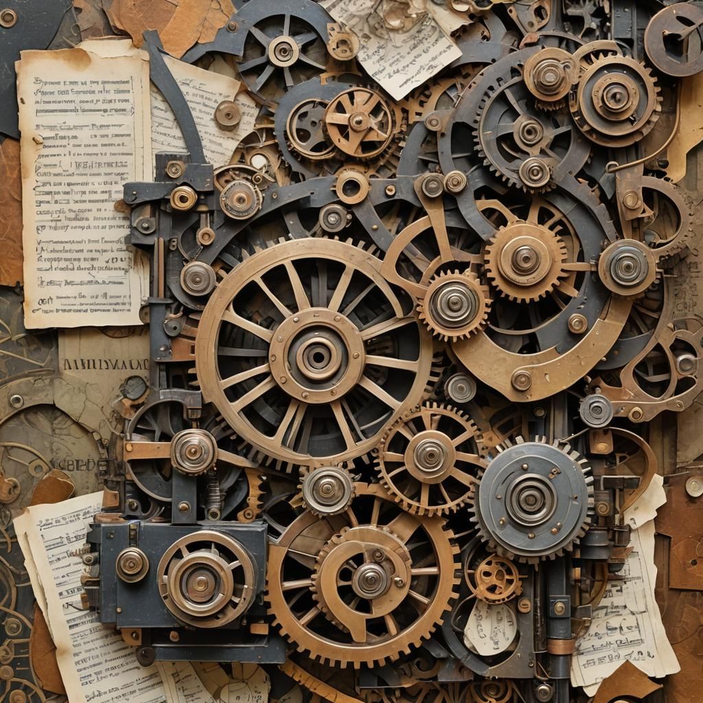 Steampunk Engine Fragment Amidst Antique Paper Collage