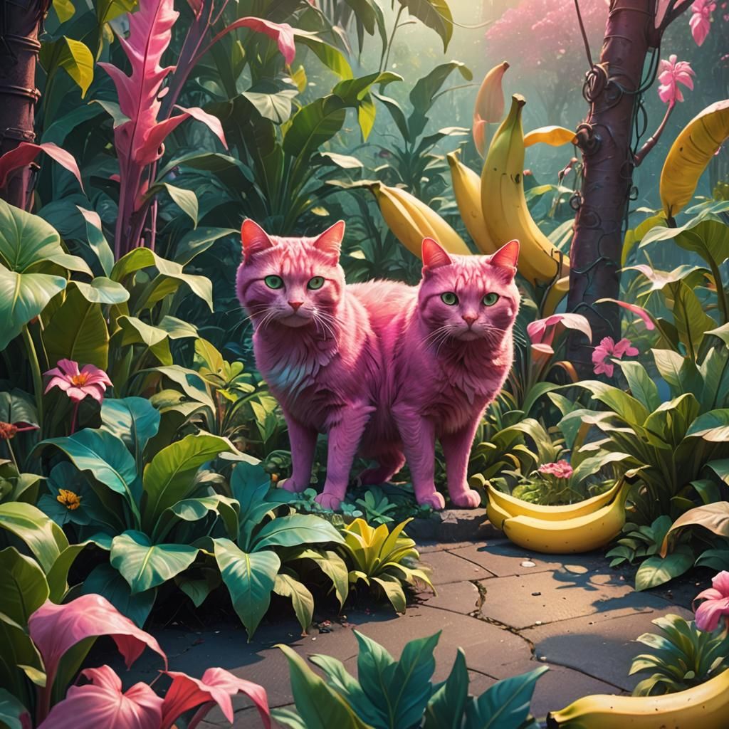 Pink Cat and Dog in Whimsical Garden