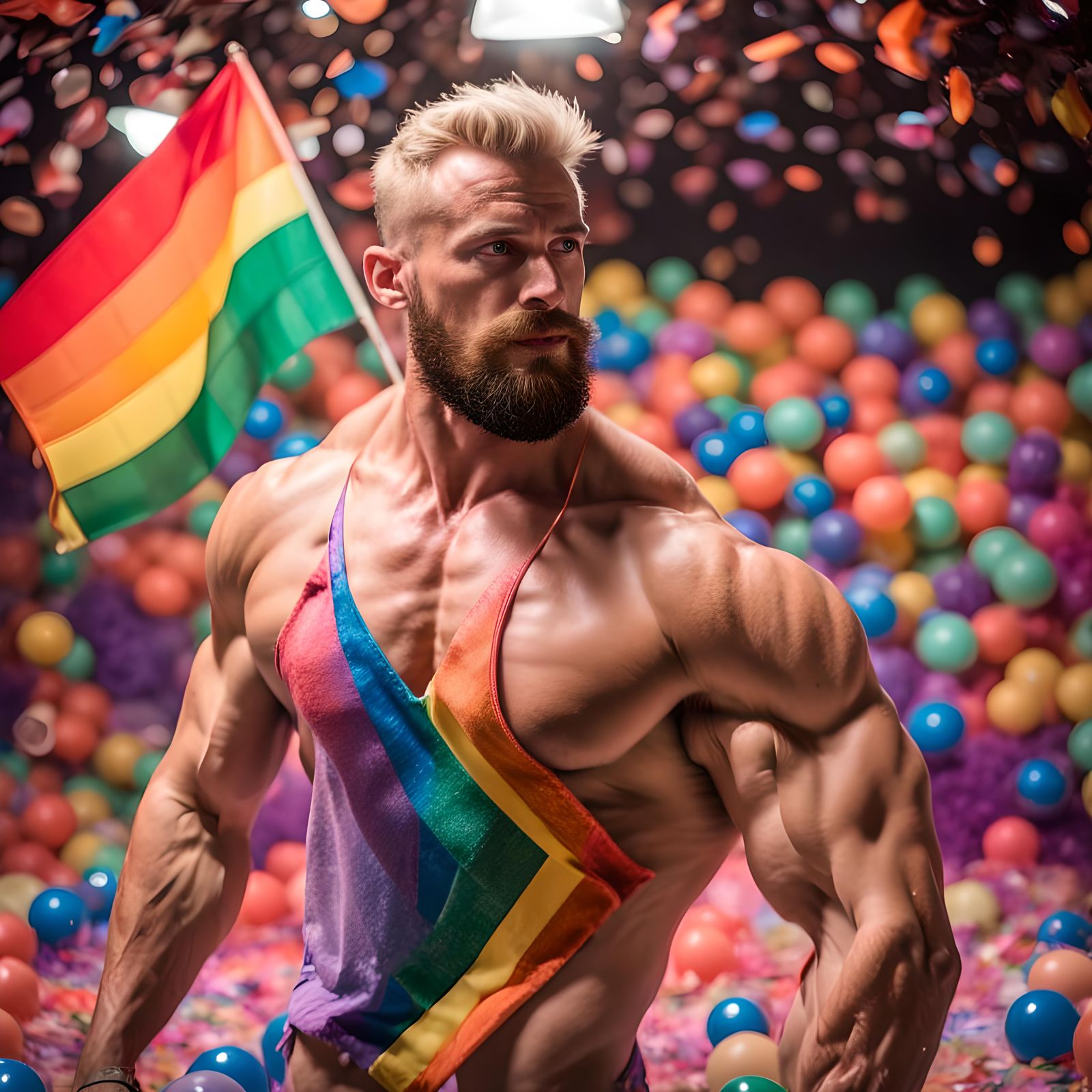 Gay Bodybuilder Flexing in Disco Hall with Rainbow Flags