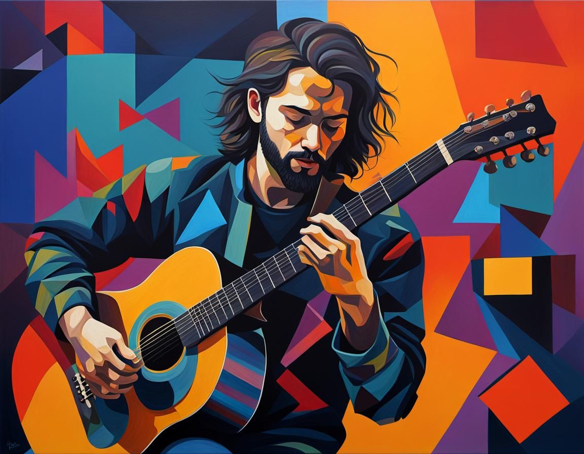 Abstract Guitarist in Geometric Dark Palette