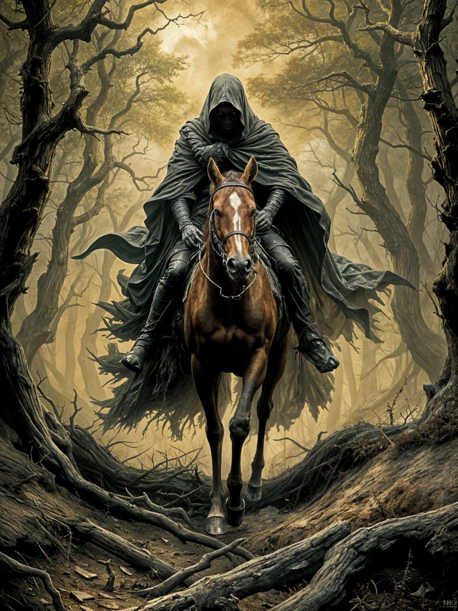 Apocalyptic Horseman in Misty Woods, Dark Fantasy Art