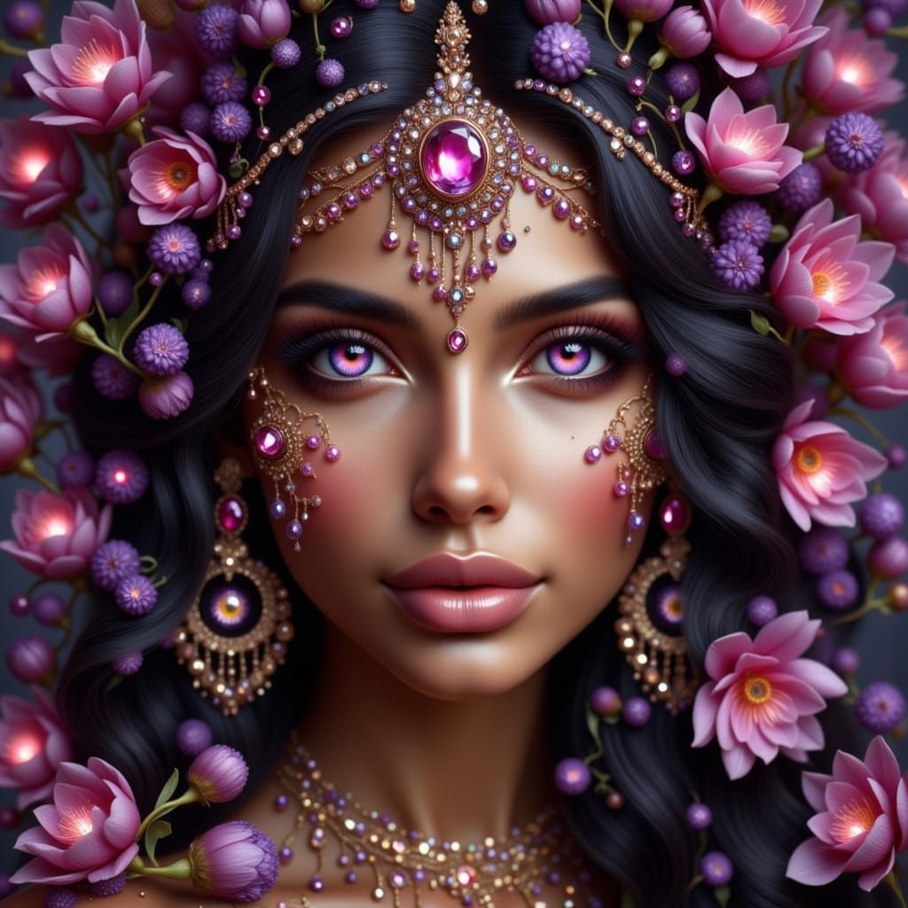 Hyperrealistic Indian Woman with Ruby Headdress and Flowers
