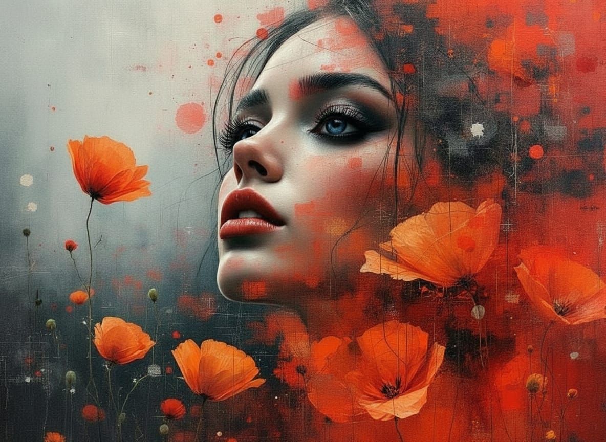 Impasto Oil Portrait with Smoky Poppy Field Background