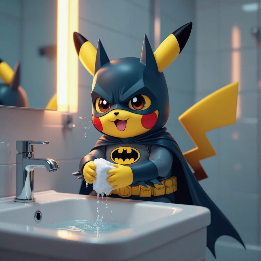 Pikachu as Batman Washing Hands, Digital Art