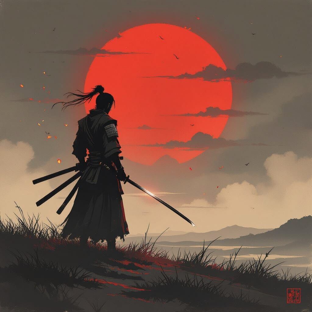 Lone Samurai Warrior in Fiery Sunset, Dark Fantasy Style