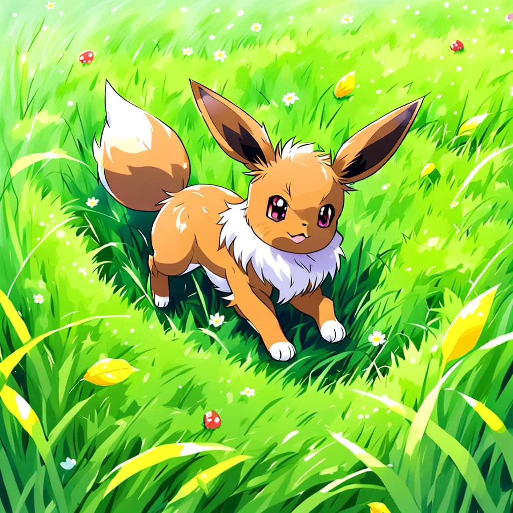 Eevee in Colorful Anime-Style Grassy Field