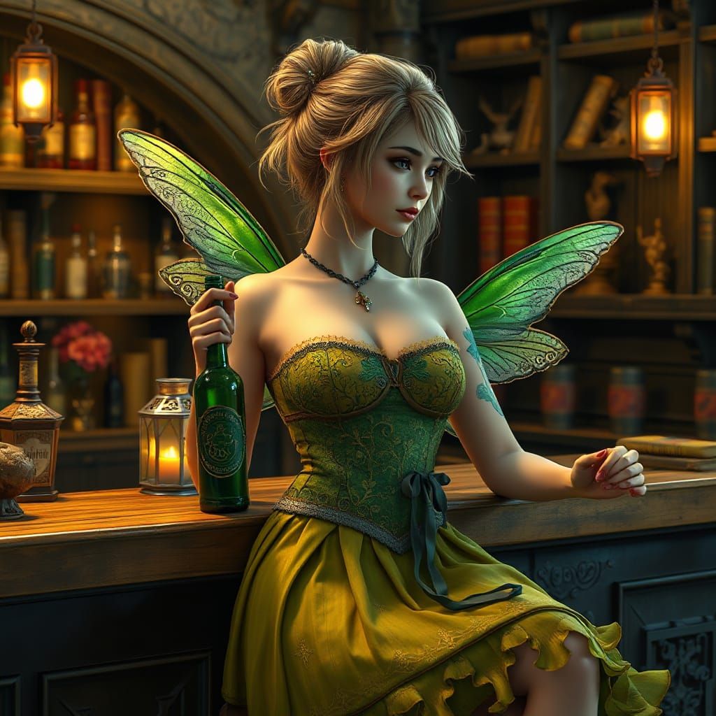 Enchanting Fairy Seated at a Rustic Bar in a Whimsical, Vict...