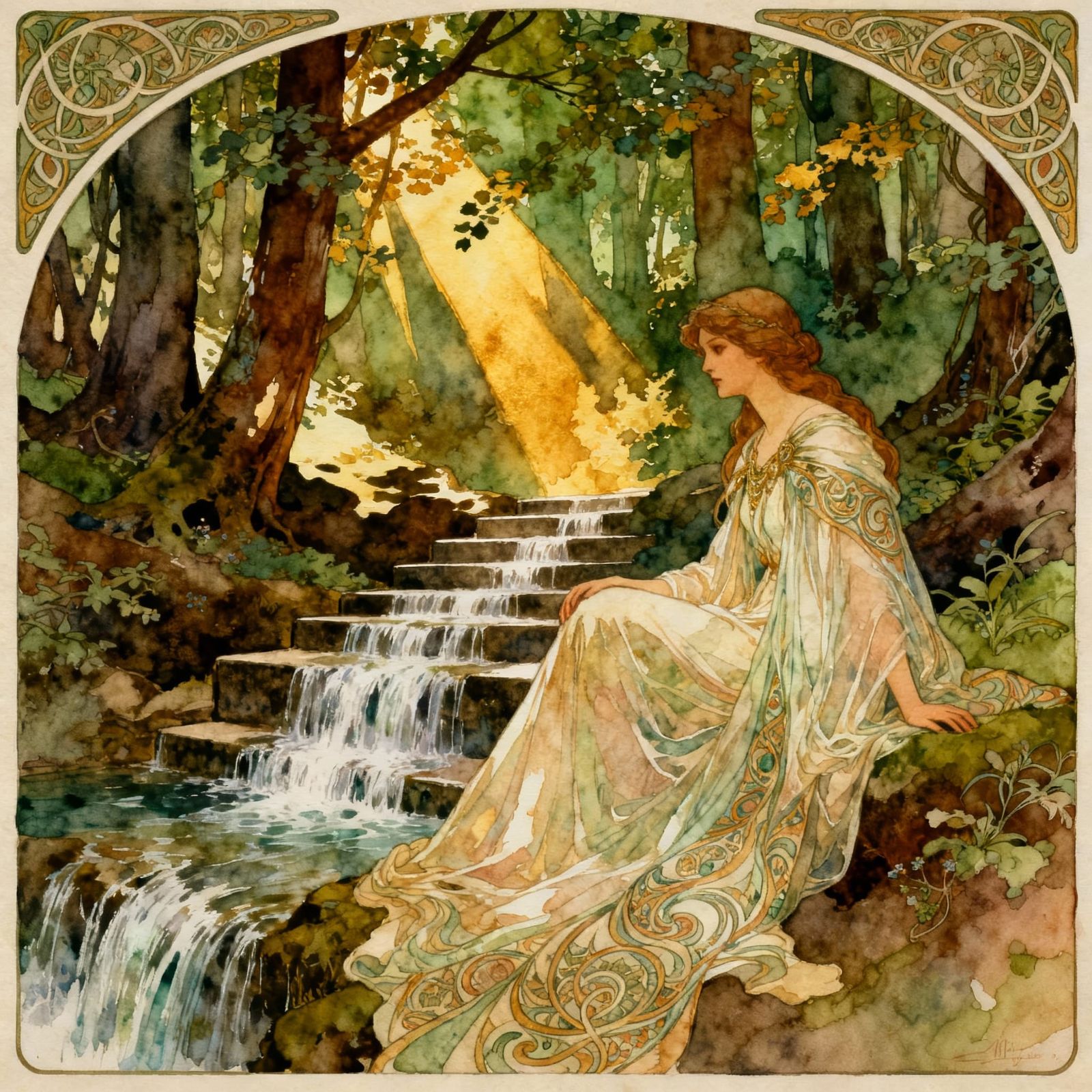 Art Nouveau Watercolor: Ethereal Figure by Waterfall