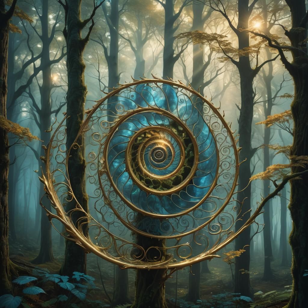 Glowing Fibonacci Spiral in Mystical Forest