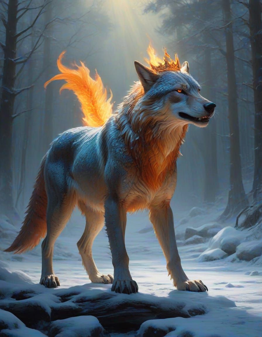 Regal Ice Dragon Wolf with Fiery Crown and Tail in a Dramati...