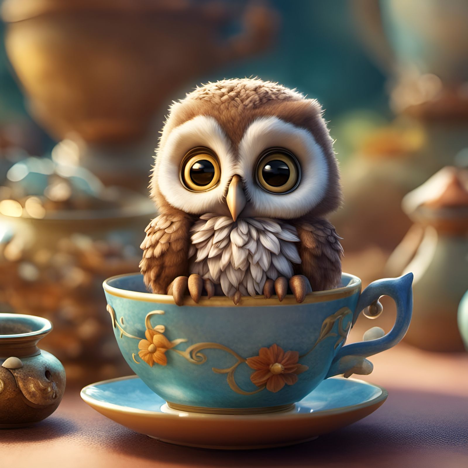 Adorable Baby Owl in Teacup, 3D Render
