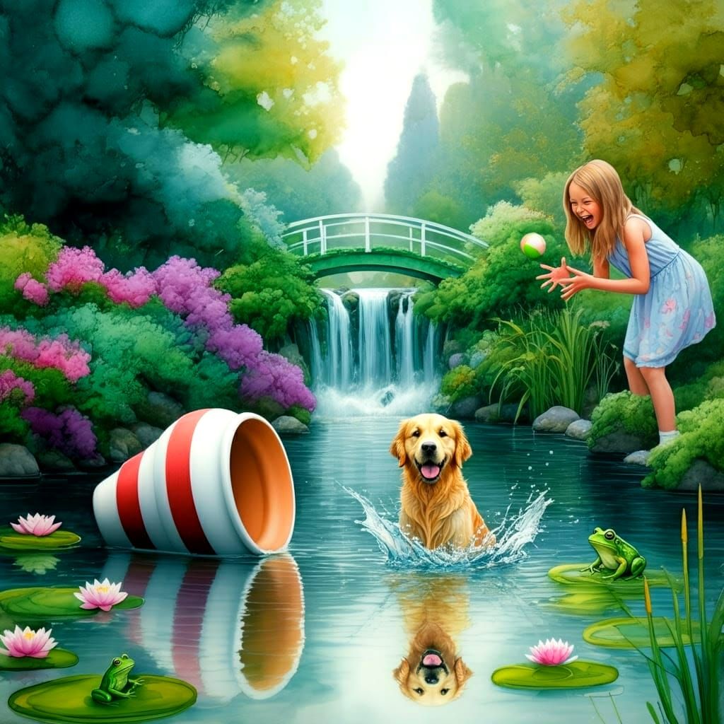 Golden Retriever Plays in a Vibrant, Monet-Inspired Pond Sce...