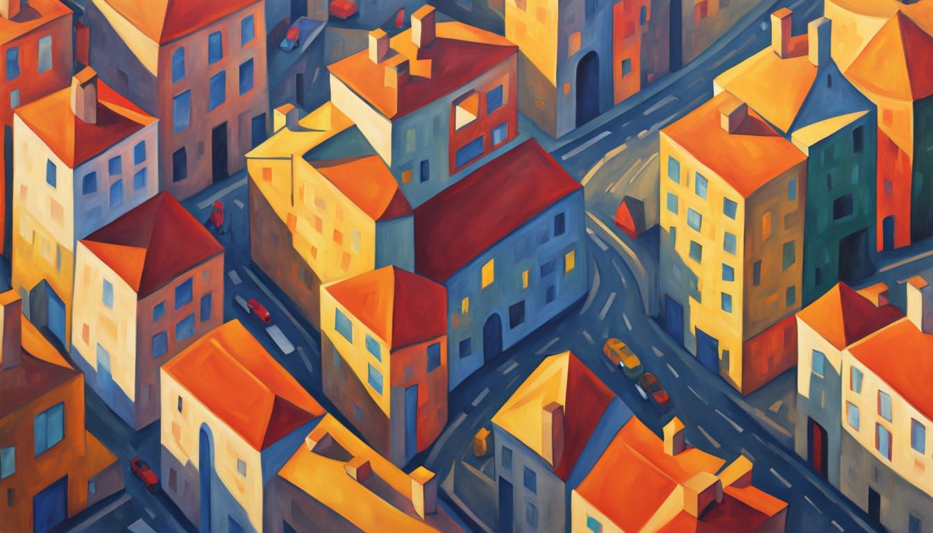 Geometric Cityscape in Cubist Art Style