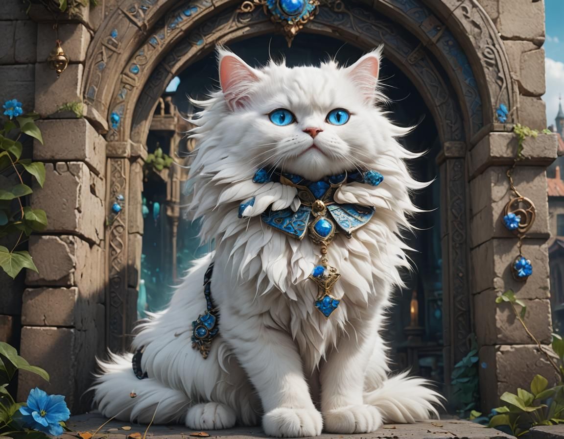 Fluffy White Cat with Blue Eyes