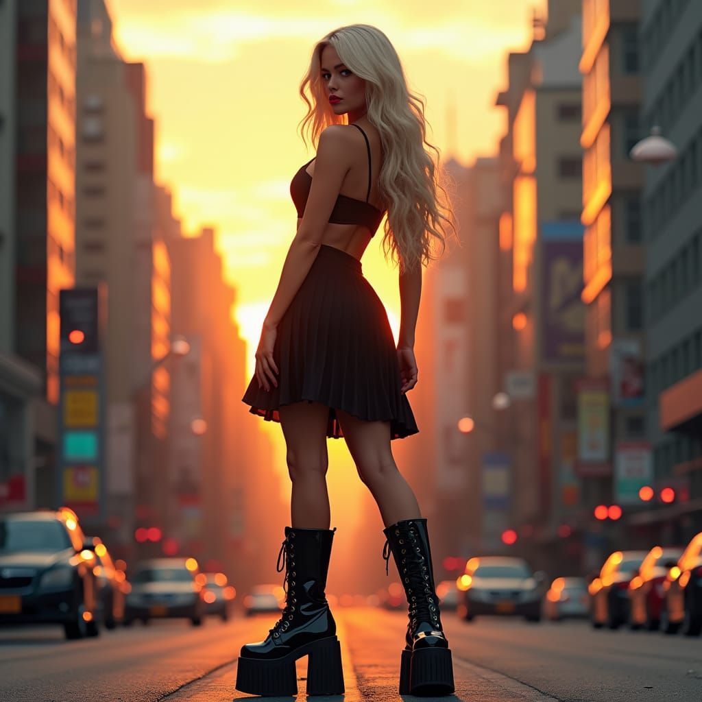 Stunning Woman in Cityscape at Sunset