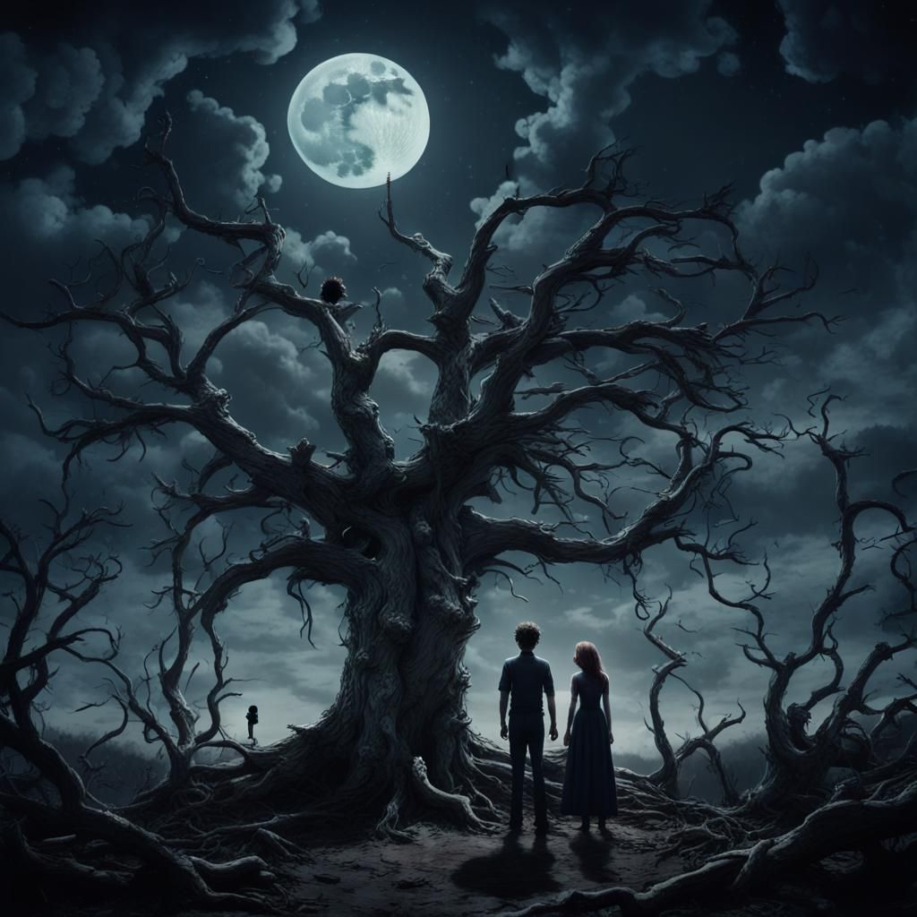 Eerie Moonlit Couple Under Dead Tree in Stop-Motion Style