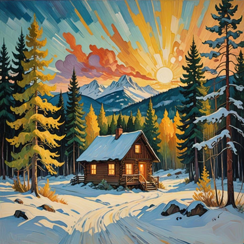 Vibrant A-Frame Cabin in a Snowy Expressionist Landscape