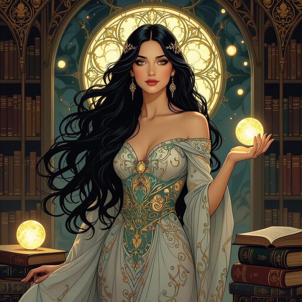 Mystical Library Woman in Art Nouveau Style
