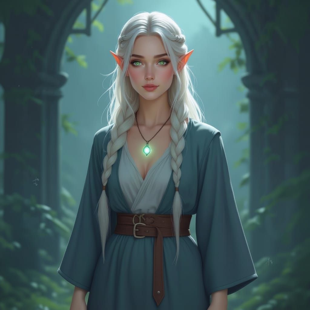 Ethereal Half-Elf Mage with Glowing Moonstone Pendant