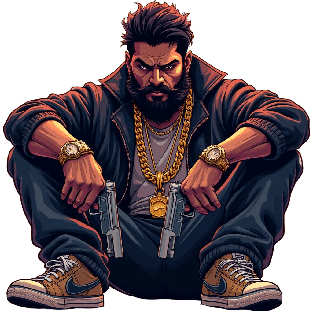Tough Gangster in Flashy Hip-Hop Attire with Guns