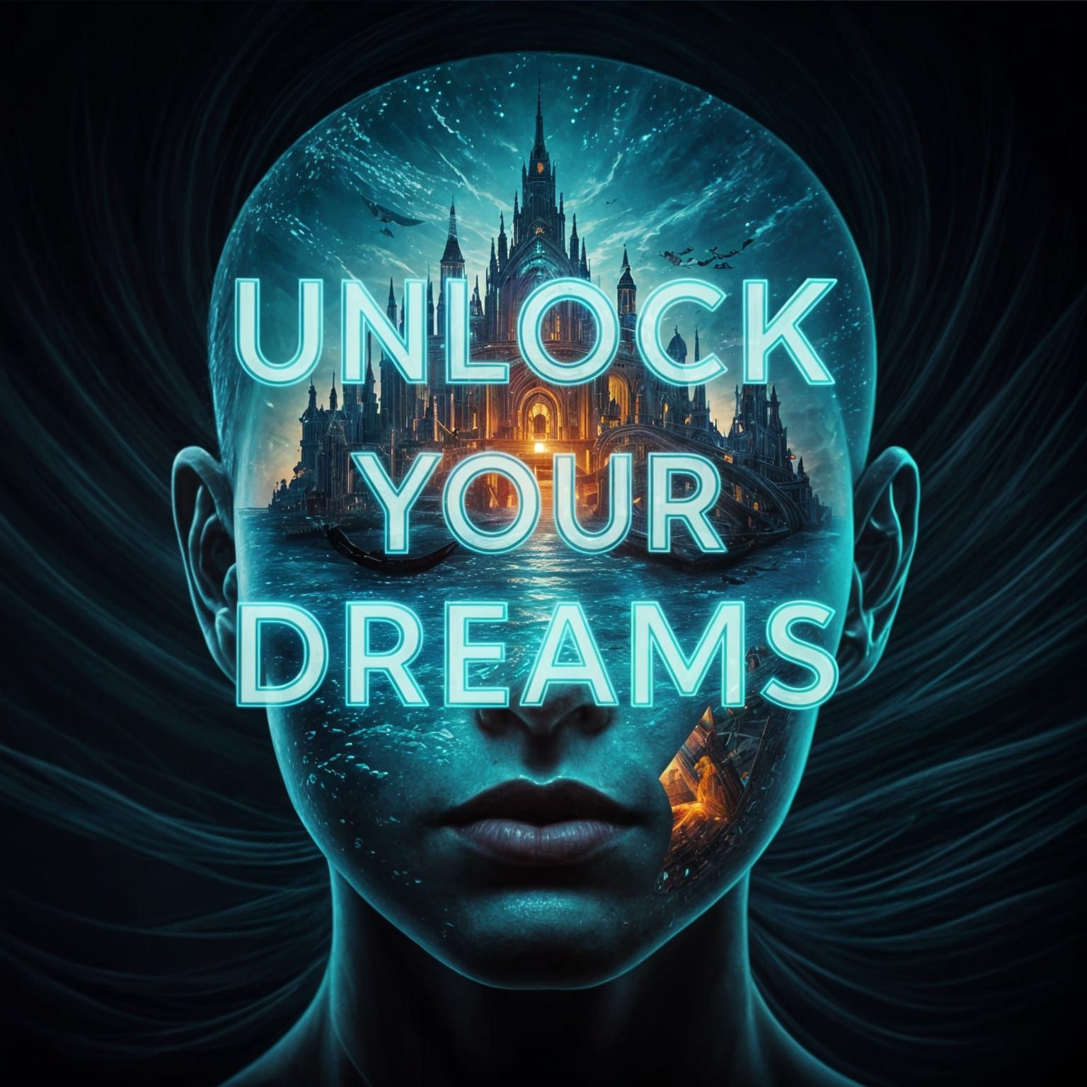 Unlock Your Dreams in 3D Holographic Text amidst Fantastical...