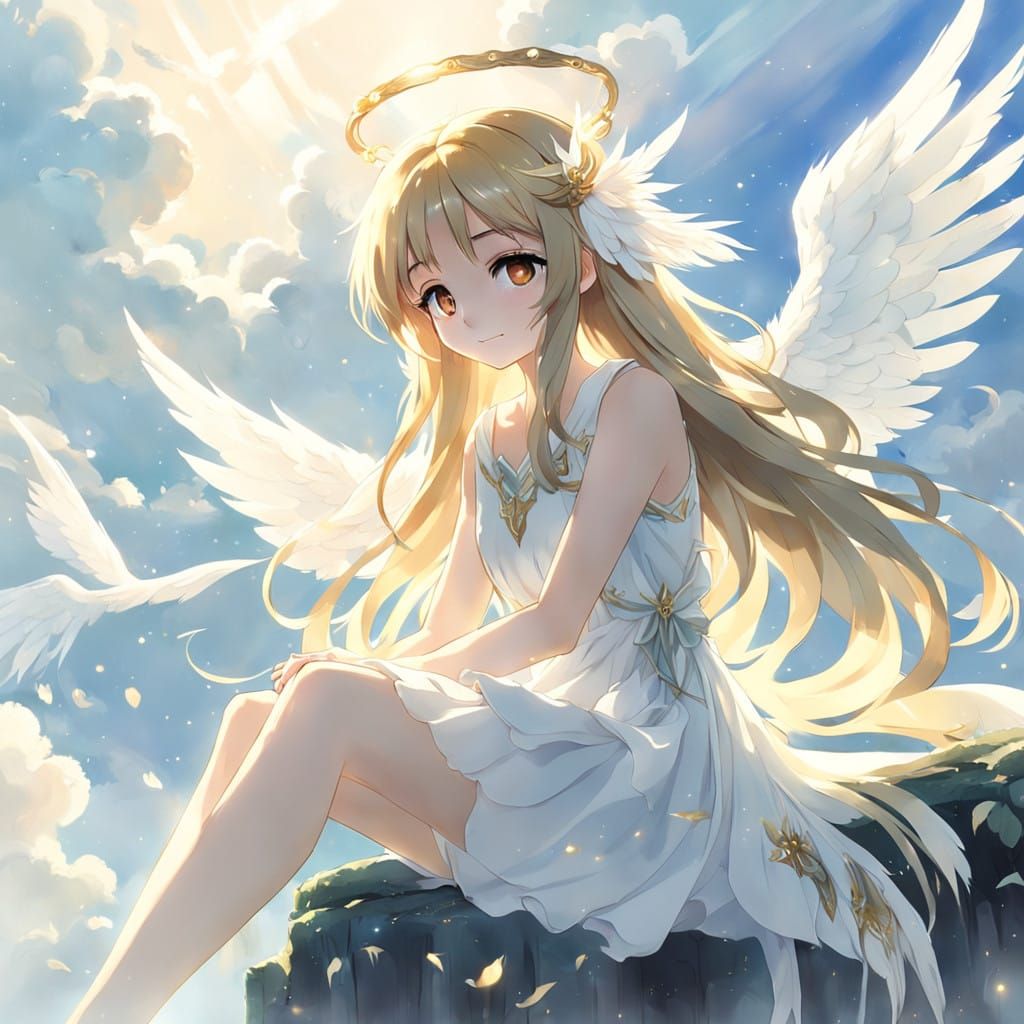 Gentle Anime Angel Maiden Sits Peacefully on Whimsical Cloud