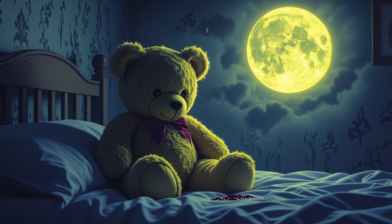 Eerie Teddy Bear in Dark Bedroom at Night