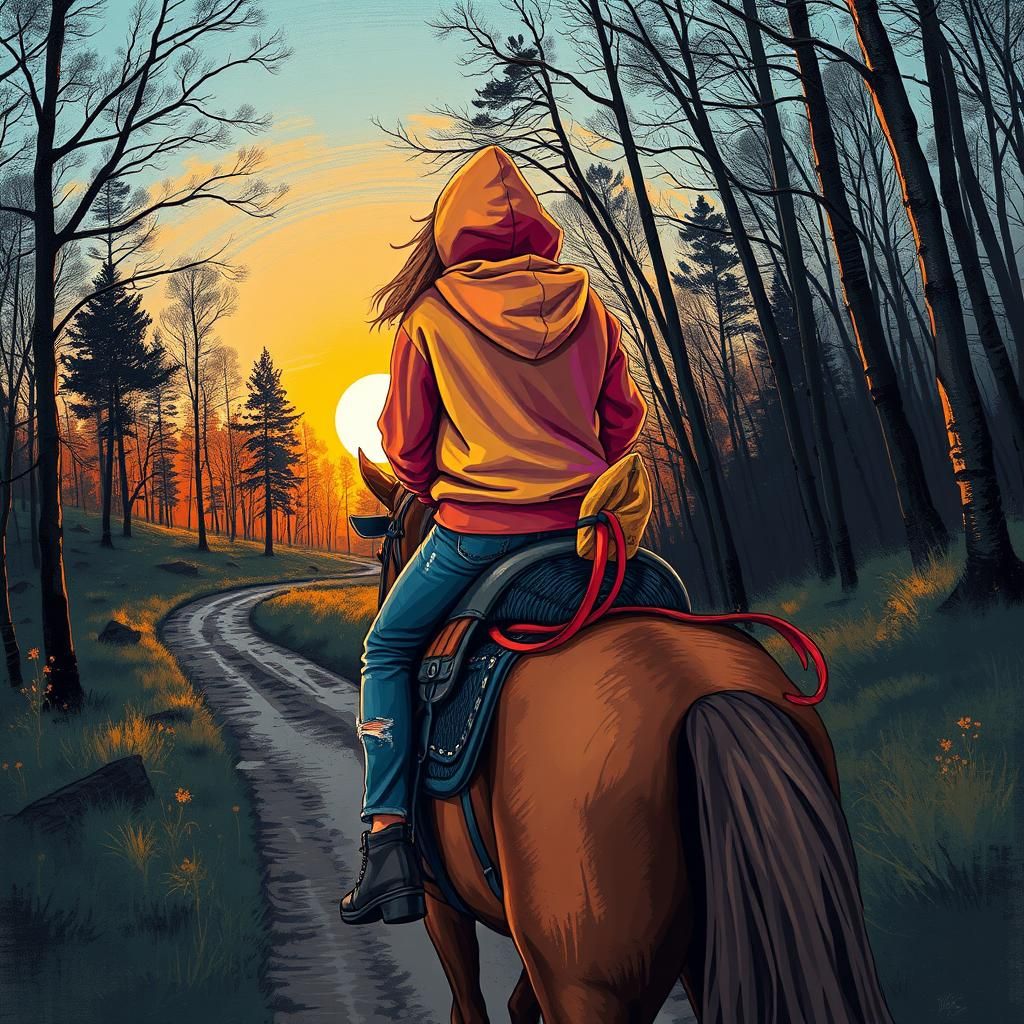 Girl Riding Horseback in Sunset Graffiti Art Style