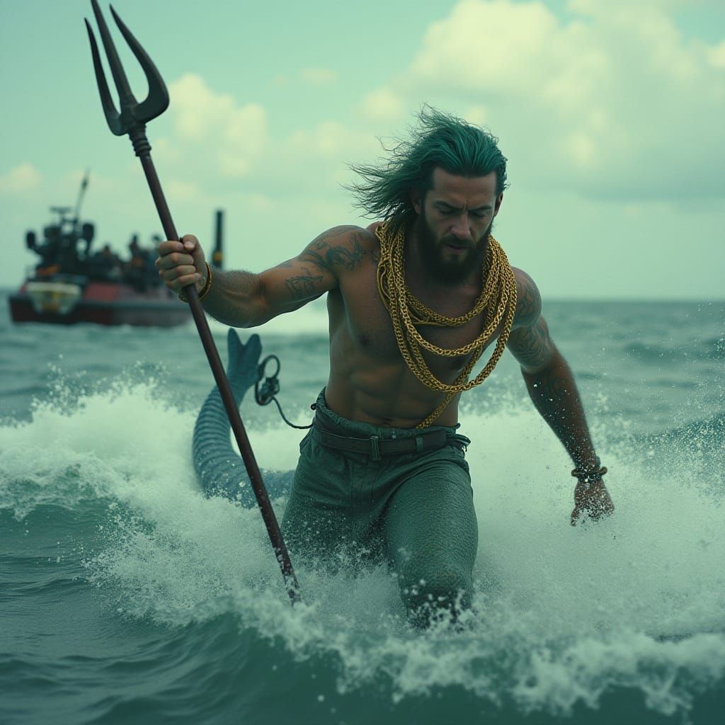Merman with Trident Pursued on Stormy Sea