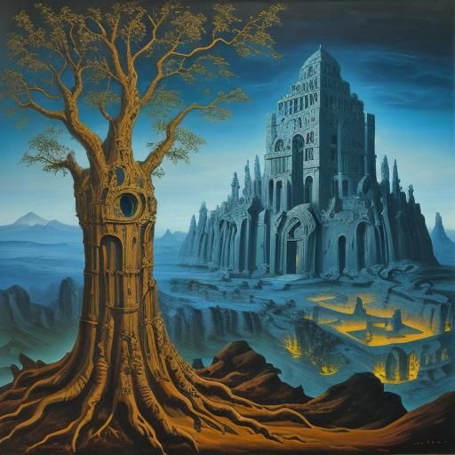 Mystical Temple in Misty Mountains: Surreal Oil Painting