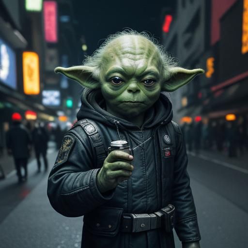 Yoda's Cyberpunk Merch Stand on Coruscant