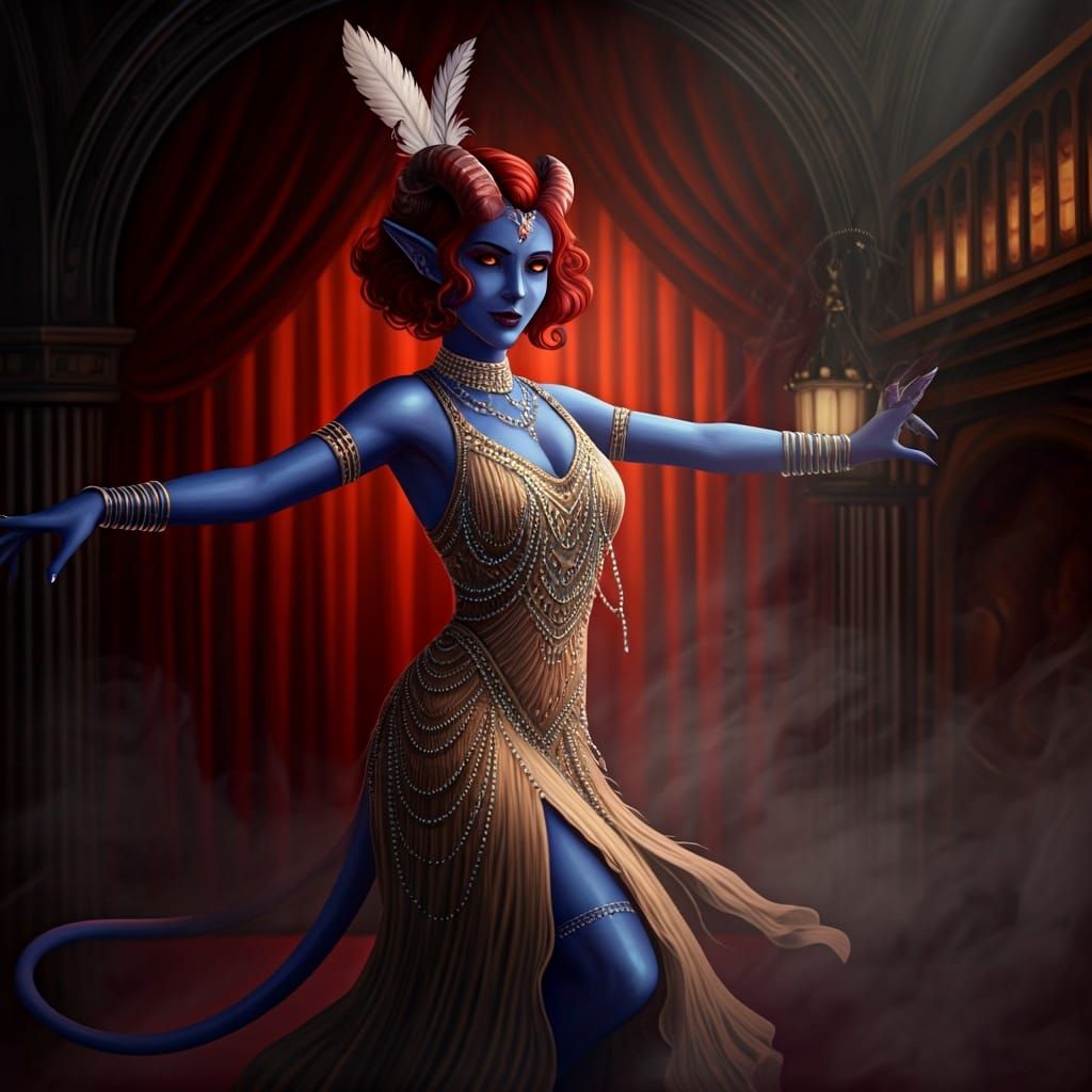 Tiefling Flapper Dances in Speakeasy, Art Nouveau Style