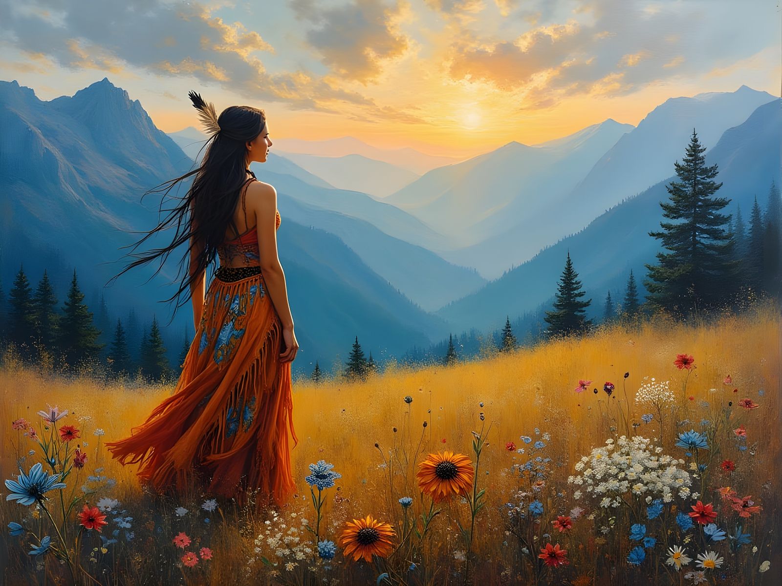 Elegant American Indian Woman in a Dreamlike Landscape