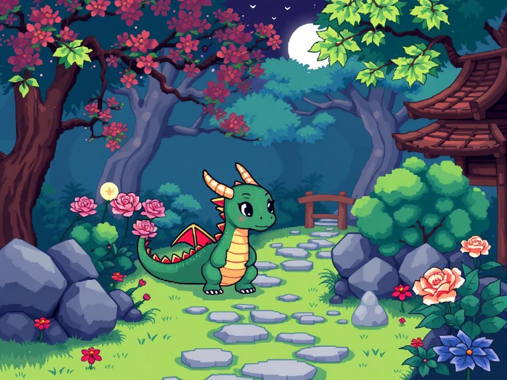 Chibi Dragon in Japanese Garden: 8-bit Pixel Art