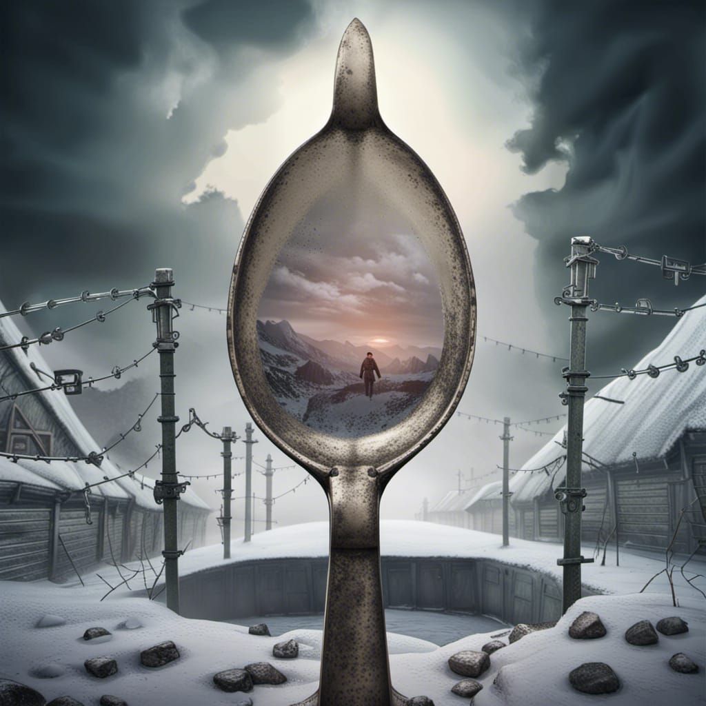Russian Prisoner Inside Spoon: Detailed Matte Painting