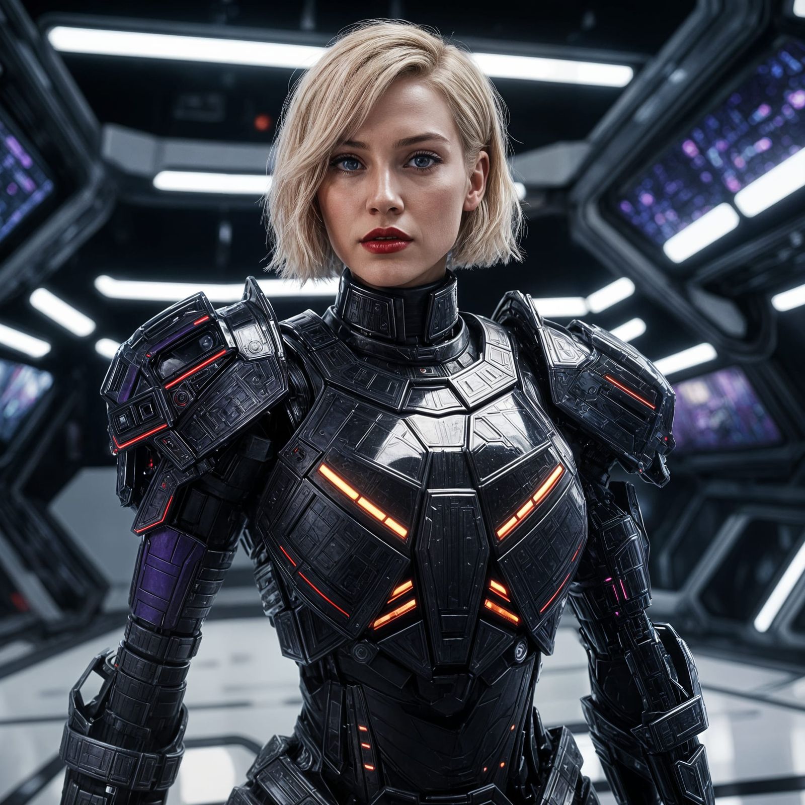 Futuristic Woman in Battle Armor on Spaceship Deck