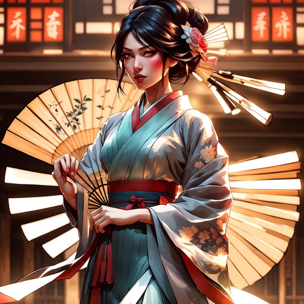 Japanese Kunoichi with Hidden Blades: Art Nouveau Portrait