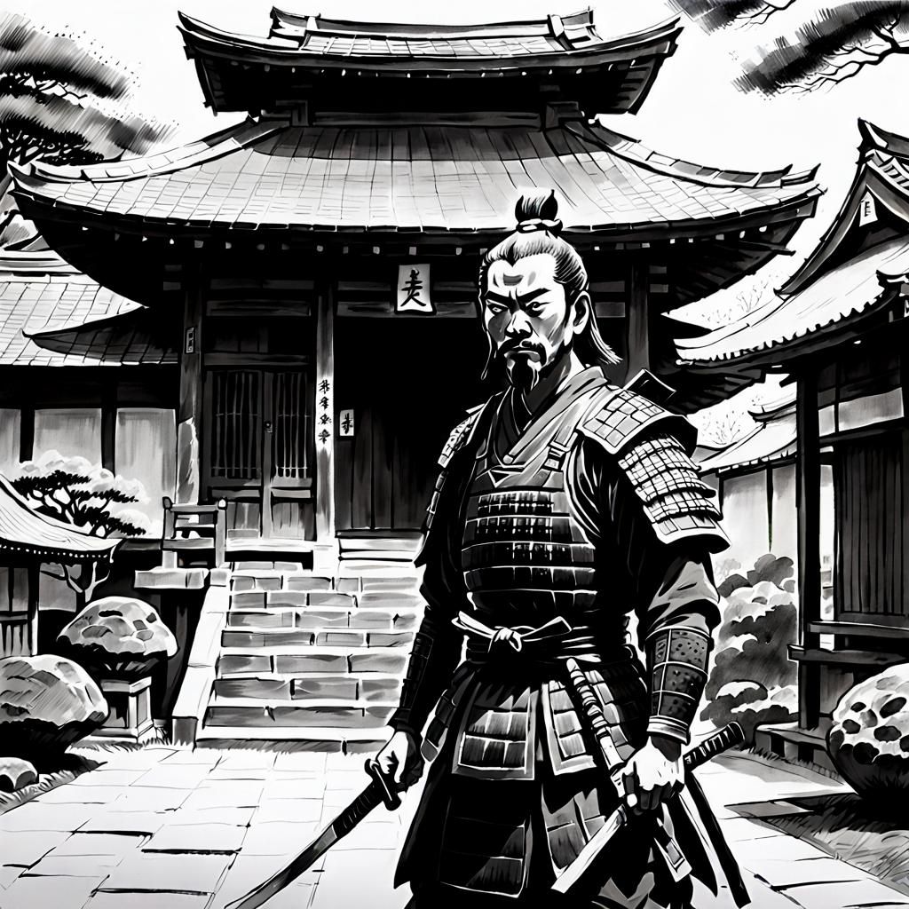 Samurai Guarding Temple: Charcoal Sketch in Black and White