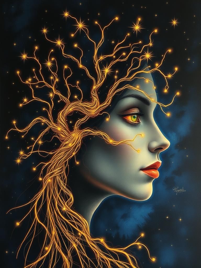 Ethereal Woman Face in Luminous Tree Artwork