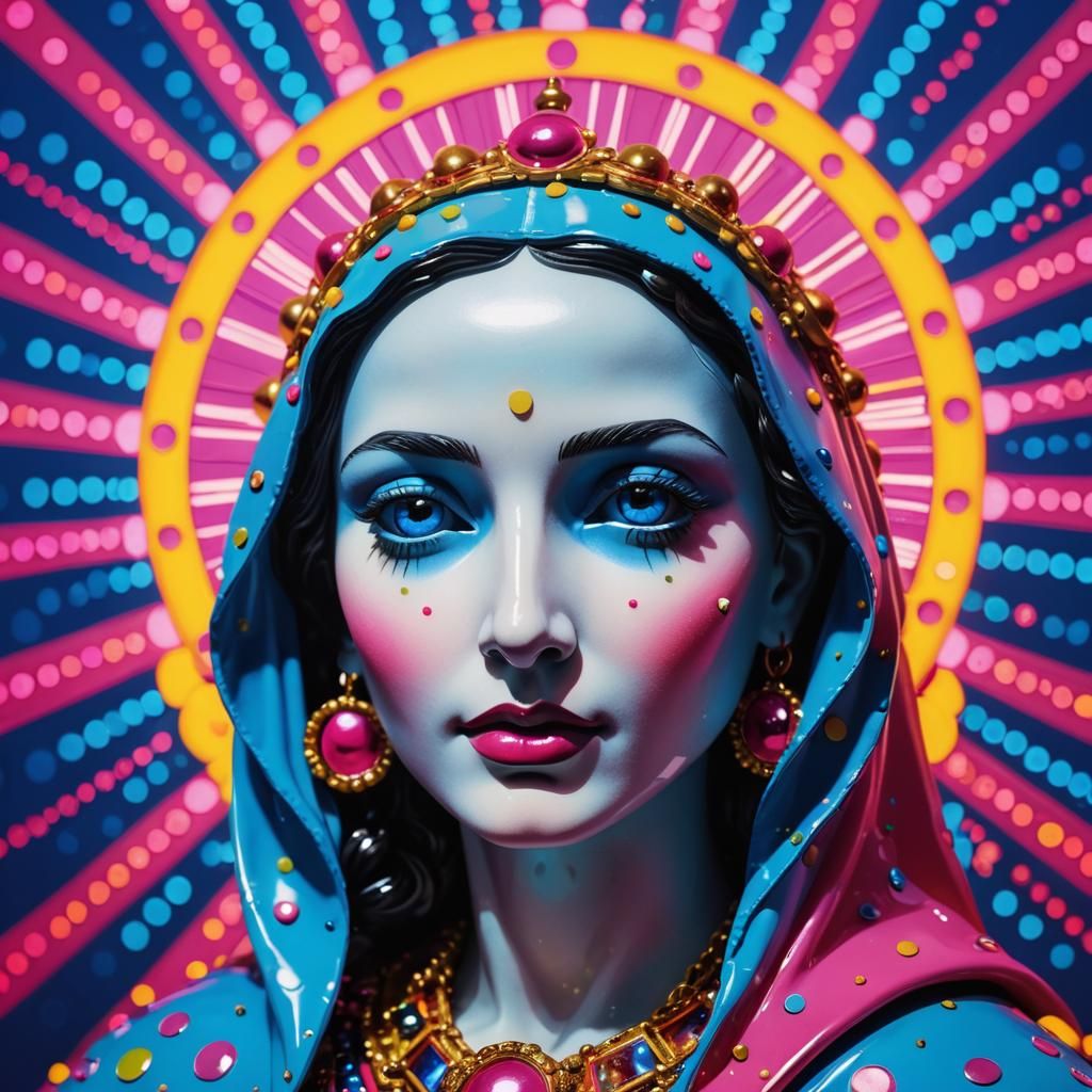 Ognissanti Madonna plastic bobble head cynocephali In the style of Andy Warhol