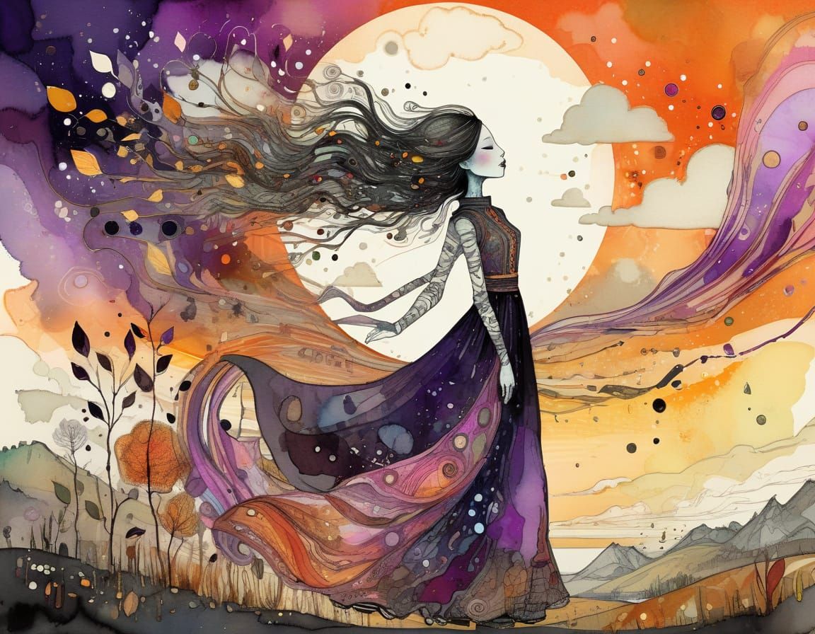 Autumn Sunset Landscape with Avant Garde Lady
