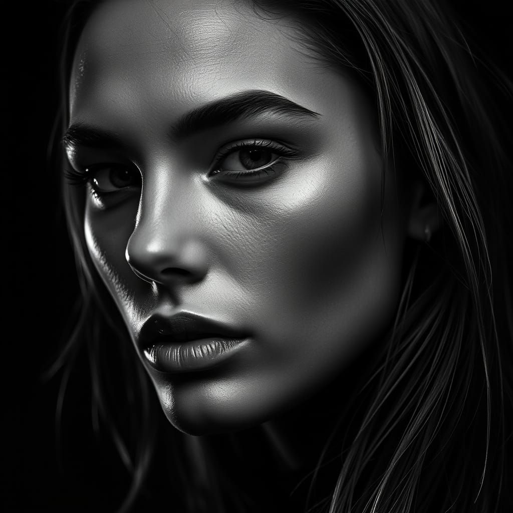 Hyper-Realistic Black and White Portrait of a Supermodel's F...