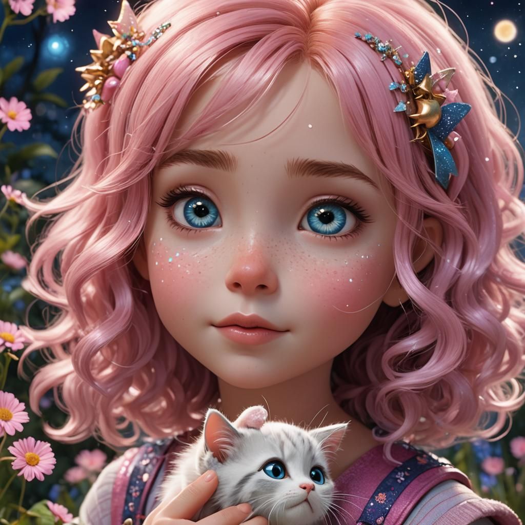 Girl and Kitten Nose Boop in Enchanted Garden