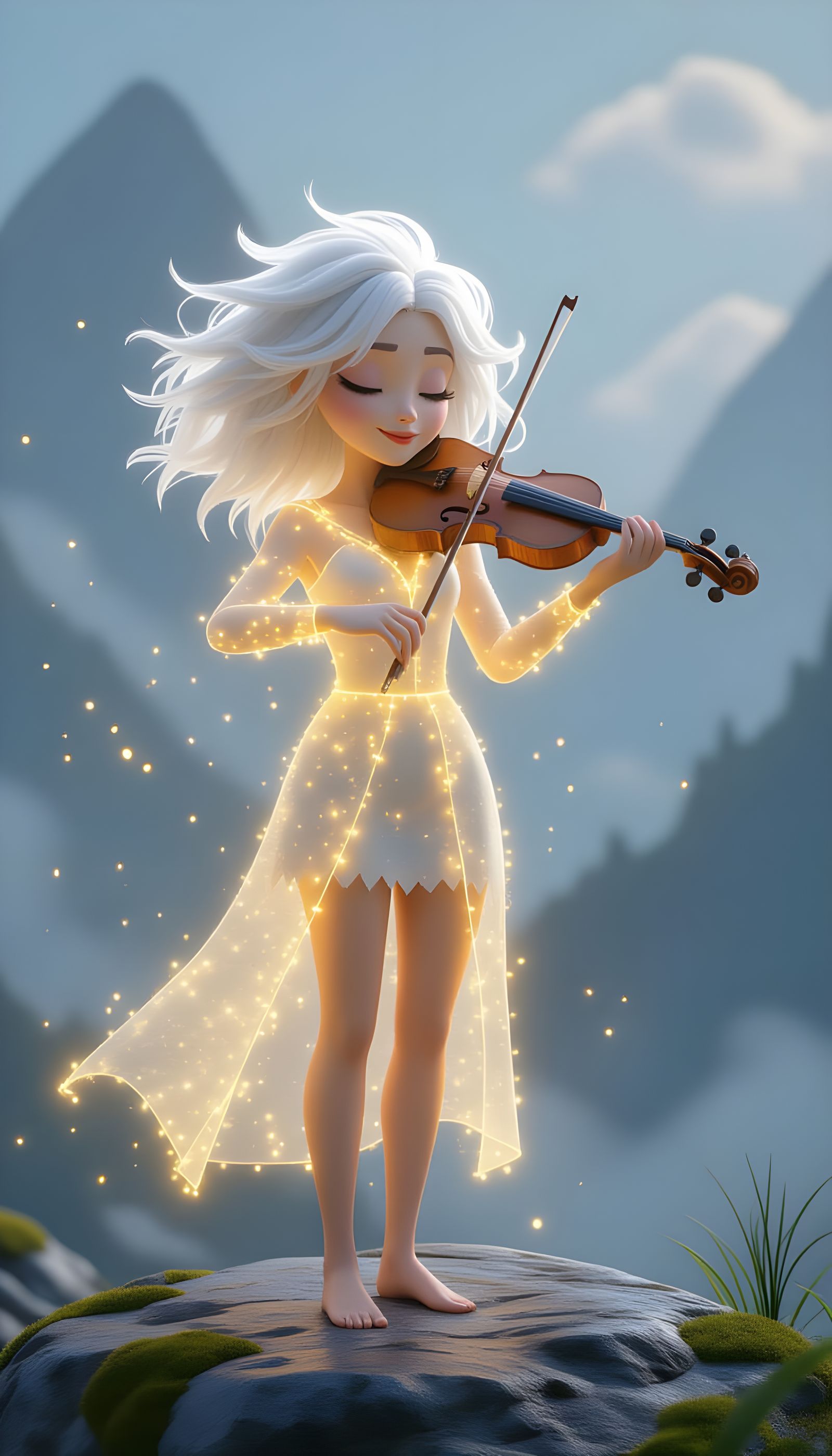 Glowing Woman with Violin in Magical Pixar Style