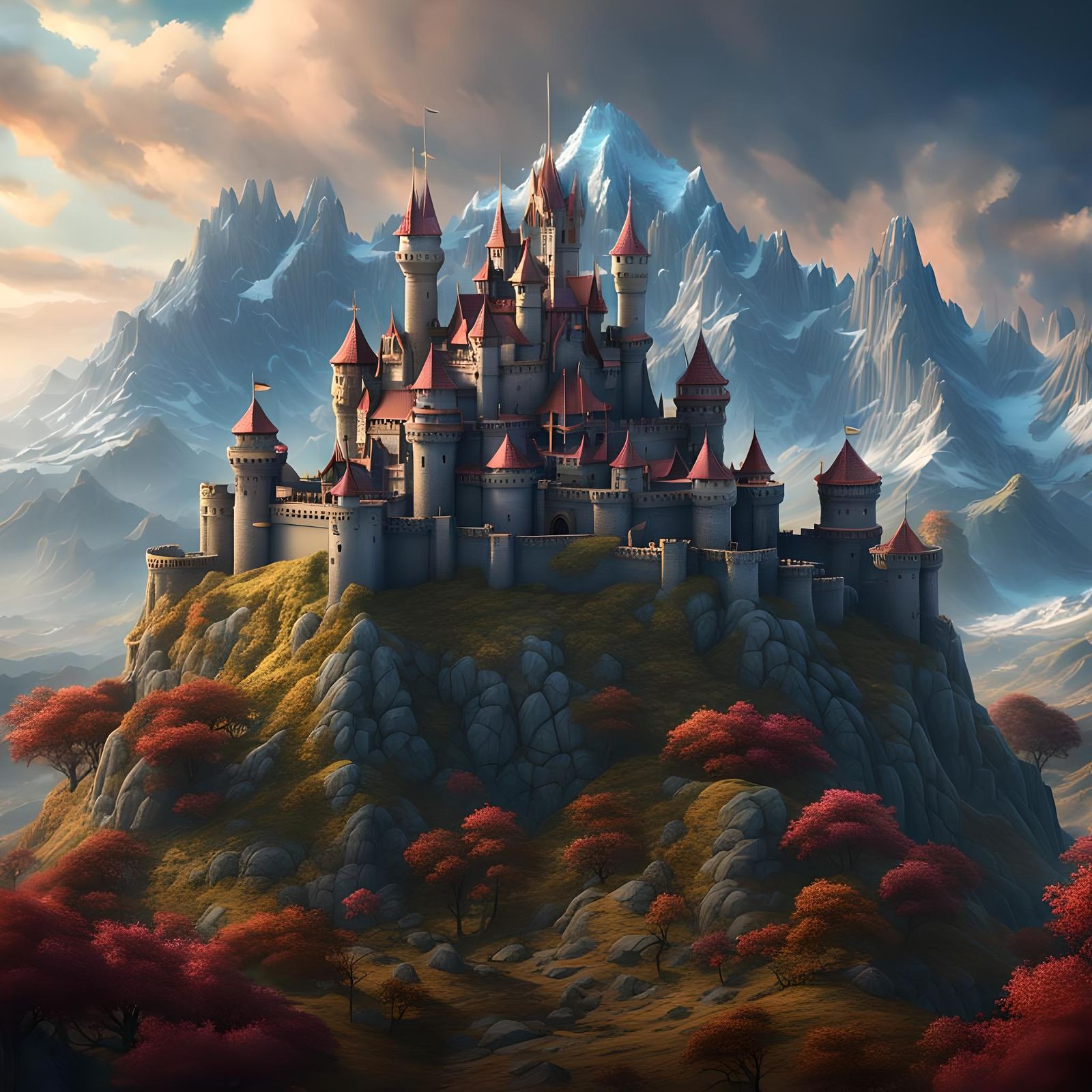 Fantasy Castle Amidst Mountain Range: Digital Matte Painting
